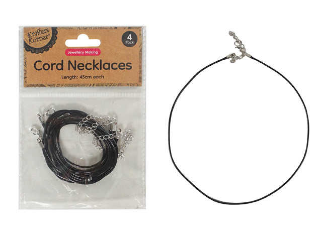 black cord necklaces; silver lobster clasp; silver extension chain; pack of 4; cord length 45cm;