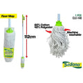 white mop head; green plastic fitting; long white handle; string mop strands; packaged with label;