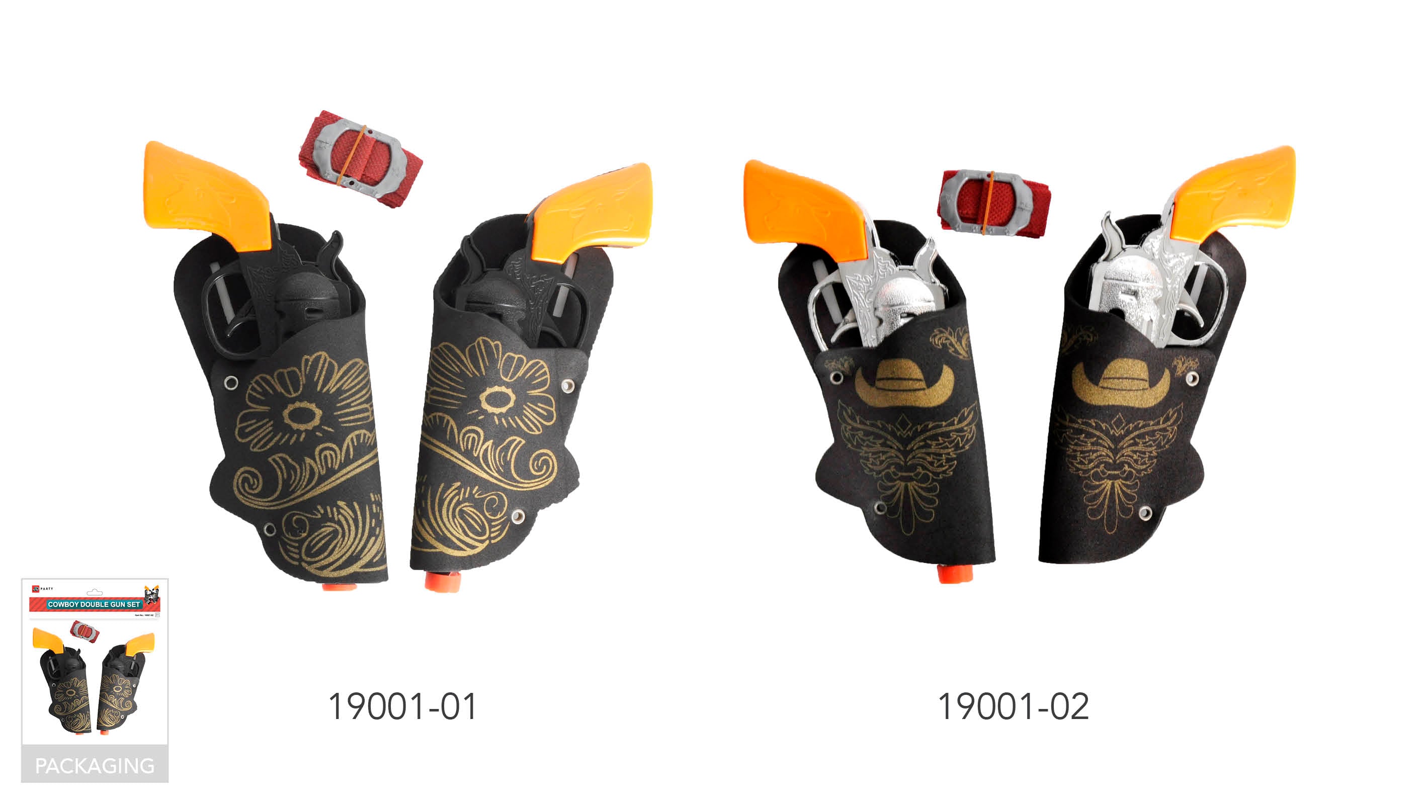Two toy guns with silver metal parts and orange handles; Black holsters with gold coloured western designs; Red fabric belt with silver buckle; Toy guns housed in holsters, set includes two guns and accessories;