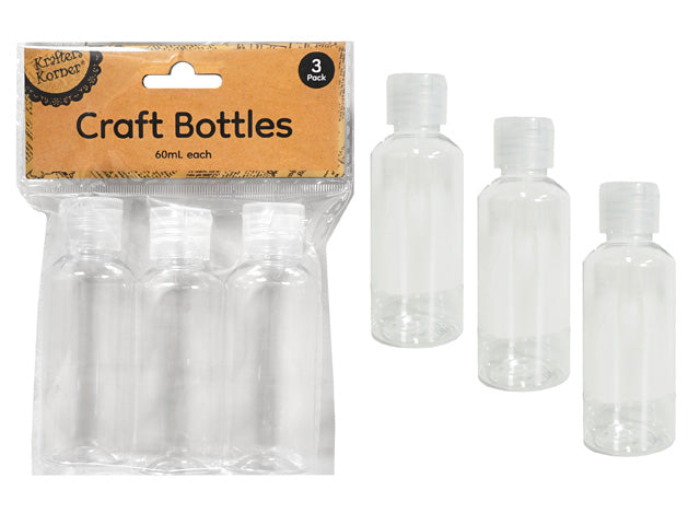 clear cylindrical plastic bottles; flip-top caps; pack of three bottles; 59ml capacity size label;