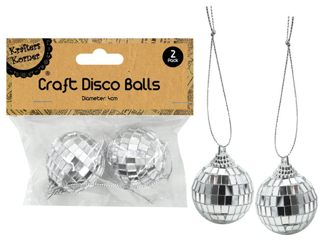 silver disco balls with mirrored tiles; 4cm diameter size; two disco balls in pack; hanging silver string attached to each ball; packaged in clear plastic with brown label;