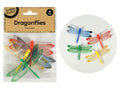 4 dragonflies in red, blue, green and yellow; Translucent mesh wings; Body length approx 9cm, wingspan approx 5.5cm; Packaged in clear plastic with labelled cardboard header;