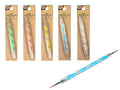 clear plastic handle with coloured spiral inside; double-ended metal tips; available colours include green, pink, yellow, blue, and clear; small compact size; packaged on brown cardboard backing;