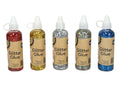 120ml plastic bottle; glitter mixed in glue; label reads 'Glitter Glue'; multiple glitter colours visible (red, gold, silver, blue, multi); white twist nozzle cap with ring;
