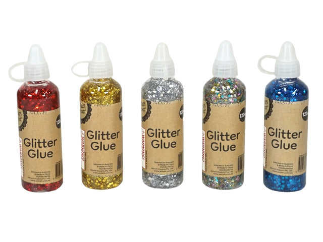120ml plastic bottle; glitter mixed in glue; label reads 'Glitter Glue'; multiple glitter colours visible (red, gold, silver, blue, multi); white twist nozzle cap with ring;