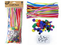 Colourful pipe cleaners in multiple bright colours; Assorted size pom-poms in vibrant colours; Variety of small googly eyes; Clear plastic packaging with Kraft label;