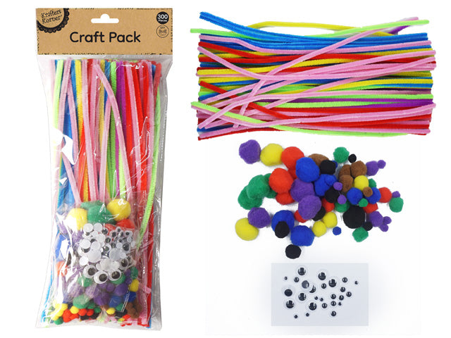 Colourful pipe cleaners in multiple bright colours; Assorted size pom-poms in vibrant colours; Variety of small googly eyes; Clear plastic packaging with Kraft label;