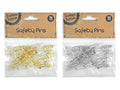 50 metal safety pins per pack; available in gold colour; available in silver colour; clear plastic packaging with kraft paper label; Krafters Korner branding;