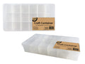 clear plastic material; rectangular shape; 18 individual compartments; label with product details; compact and low-profile design;