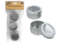 set of 3 round tins; silver metal material; clear plastic lids; compact size 6x3cm; packaged in clear plastic bag;