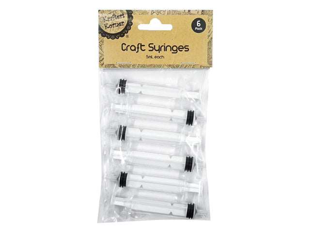 pack of six 5ml clear plastic syringes; black rubber plungers; transparent plastic syringe barrels; kraft paper label with black text;