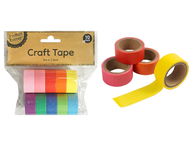 10 rolls of tape; assorted bright colours; plastic packaging with header card; tape rolls show 3m x 1.5cm size; matte finish on tape;