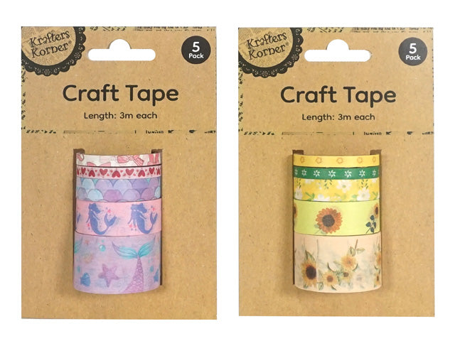 5 pack of tape rolls; assorted printed designs; kraft paper backing card; tape length 3m each; colourful designs including hearts, mermaids, sunflowers;