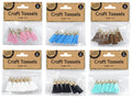 pack of 6 tassels; length approximately 4cm; metallic top loop attachment; available in pink, blue, brown, white, black, and turquoise colours; suede-like material;