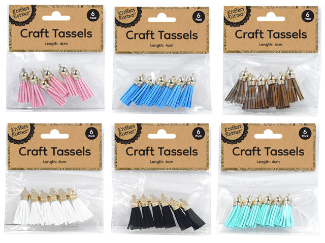 pack of 6 tassels; length approximately 4cm; metallic top loop attachment; available in pink, blue, brown, white, black, and turquoise colours; suede-like material;
