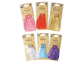 Pack contains 4 tassels; Tassels approximately 7cm long; Silky thread material; Various vibrant colours (pink, red, gold, white, blue, purple); Packaged in clear plastic with brown paper backing;