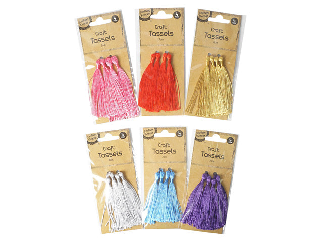 Pack contains 4 tassels; Tassels approximately 7cm long; Silky thread material; Various vibrant colours (pink, red, gold, white, blue, purple); Packaged in clear plastic with brown paper backing;