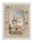 light wood finish; rectangular shape; engraved cat silhouette; paw print and heart decorations; text 'MEOW' on bottom;