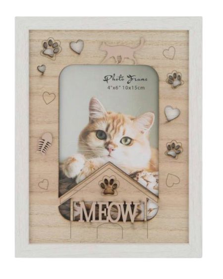 light wood finish; rectangular shape; engraved cat silhouette; paw print and heart decorations; text 'MEOW' on bottom;