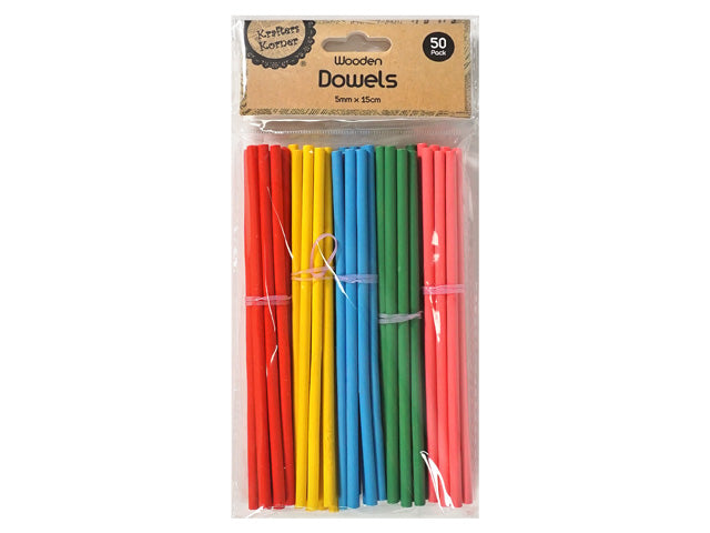 Five colour bundles: red, yellow, blue, green, pink; Wooden dowels approx. 15cm long; Dowels tied in bundles; Clear plastic packaging with cardboard label;