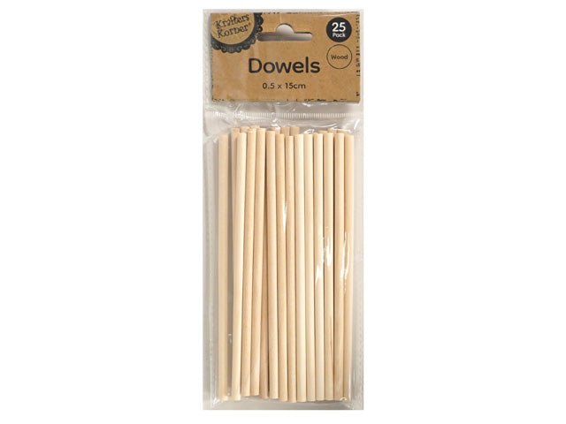 Natural light wood colour; Smooth cylindrical shape; Packed in clear plastic bag; Label shows 0.5 x 15cm size; Pack contains 25 dowels;