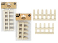 natural light wood colour; two sizes/lengths; flat picket fence design; packaged in clear plastic with cardboard header;