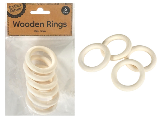 6 wooden rings; natural light wood colour; 5cm diameter; ring shape; packaging with kraft paper label;
