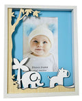 Blue background; Wooden frame; Wooden cutouts of elephant and horse; 4x6 inch photo size;