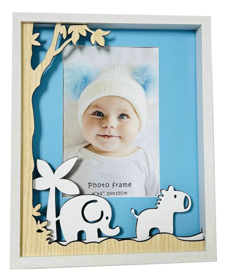 Blue background; Wooden frame; Wooden cutouts of elephant and horse; 4x6 inch photo size;