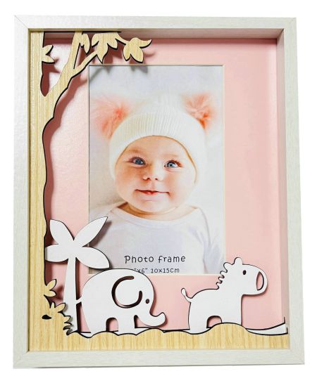 pink background; wooden frame; elephant and hippo cutout decorations; white outer frame edge;