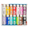 14 small bottles of paint; multiple colours including white, yellow, red, blue, green, black; plastic squeeze bottles with white caps; box packaging with clear plastic cover;