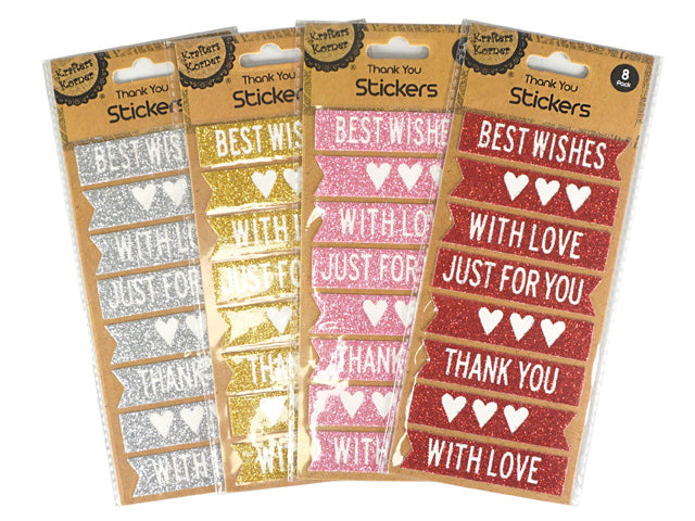 Glitter finish stickers; Assorted colours: silver, gold, pink, red; 8 stickers per pack; Various thank you and greeting messages;