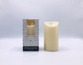 cream colour; cylindrical shape; plastic material; flickering flame LED; packaging with geometric pattern;