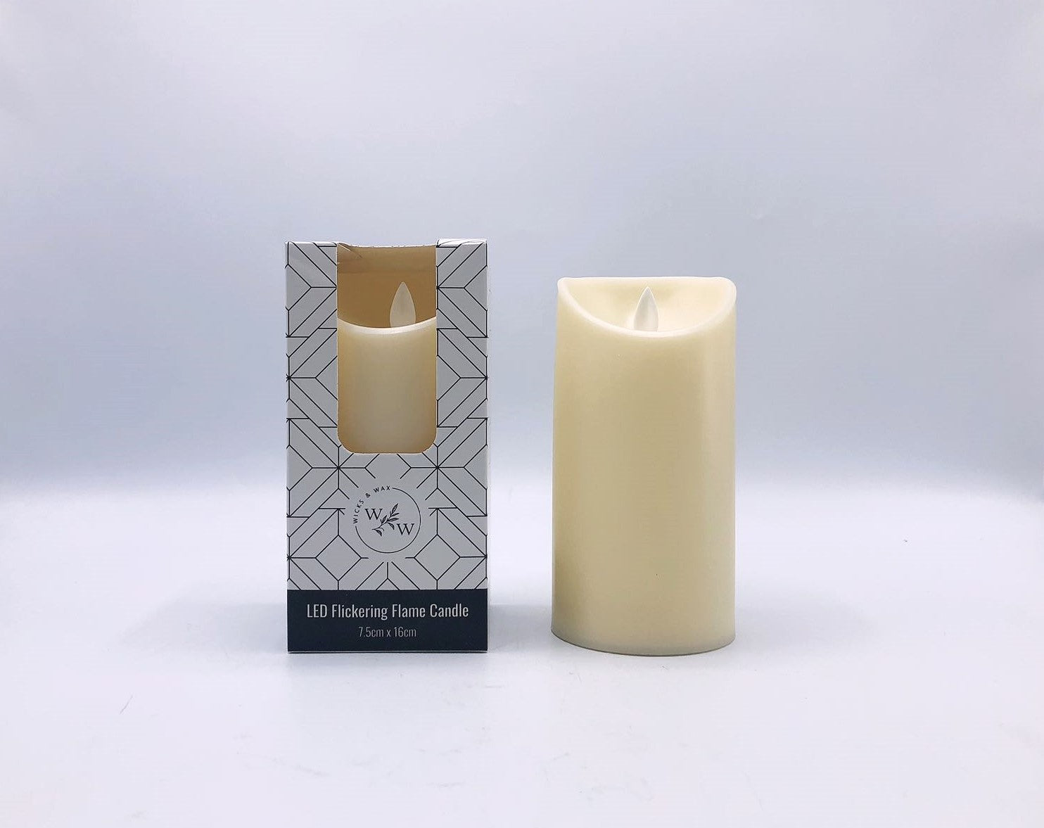 cream colour; cylindrical shape; plastic material; flickering flame LED; packaging with geometric pattern;