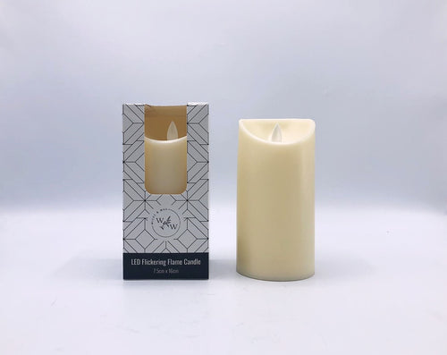 cream colour; cylindrical shape; plastic material; flickering flame LED; packaging with geometric pattern;