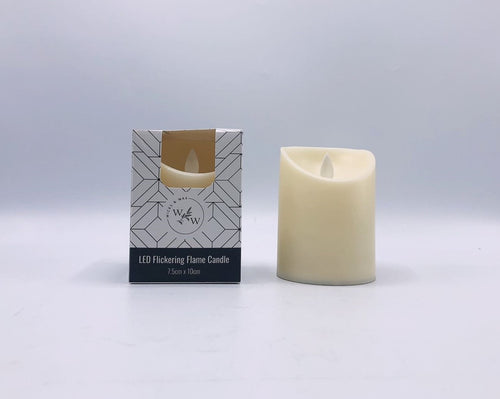 Cream colour plastic candle; Flickering flame LED; Compact size around 7.5x10cm; Original packaging box with geometric design;