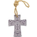 cross shape; Indigo botanical pattern on white background; glossy finish; natural light wood beads;