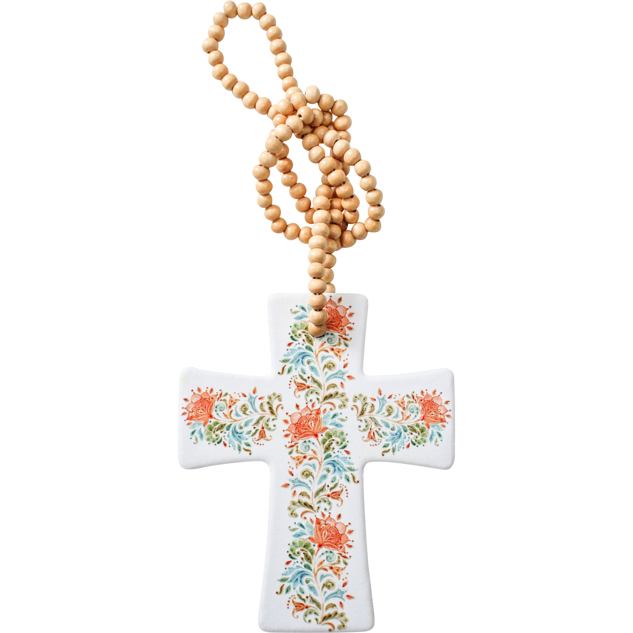 white ceramic cross shape; orange, green and blue floral patterns; light natural wood beads necklace; compact size and flat design;