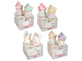 assorted colourful printed patterns; 6cm diameter size; pack of 40 paper baking cups; packaging shows clear plastic box; square shaped packaging containing multiple stacks;