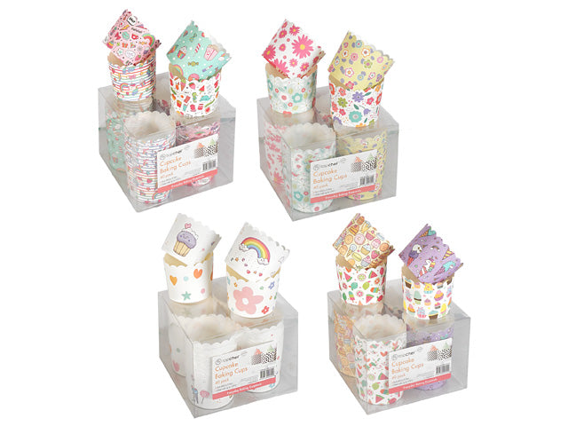 assorted colourful printed patterns; 6cm diameter size; pack of 40 paper baking cups; packaging shows clear plastic box; square shaped packaging containing multiple stacks;