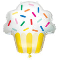 cupcake shape; foil material; white top with multicoloured sprinkles; yellow and cream cupcake base; approx 74cm height;