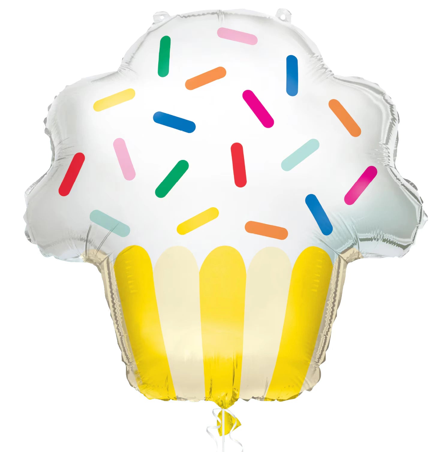 cupcake shape; foil material; white top with multicoloured sprinkles; yellow and cream cupcake base; approx 74cm height;