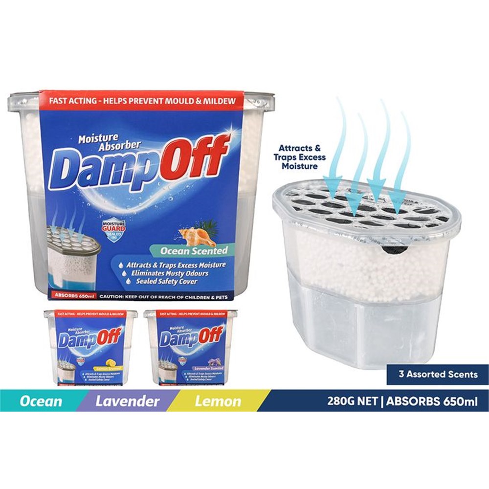 clear plastic container with labelled blue and red branding; white moisture absorbing beads inside; oval perforated vented lid; ocean scent variant shown on label; packaging mentions 280g net weight and 650ml absorption;