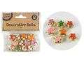 Assorted colourful floral designs on each bell; Gold-tone metal finish; Small loop on top for hanging; Pack of 12 bells in clear plastic pouch; Bells are approximately 1.8cm in size;