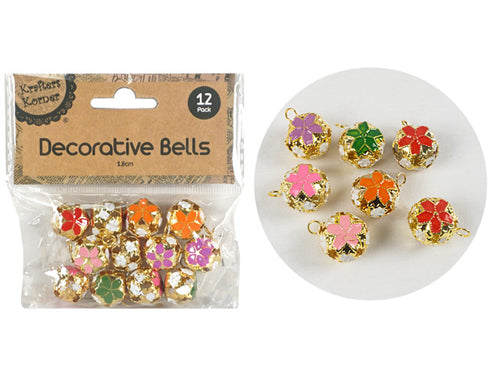 Assorted colourful floral designs on each bell; Gold-tone metal finish; Small loop on top for hanging; Pack of 12 bells in clear plastic pouch; Bells are approximately 1.8cm in size;