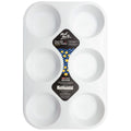 white plastic material; six round deep wells arranged in two columns; rectangular shape; label attached at centre;