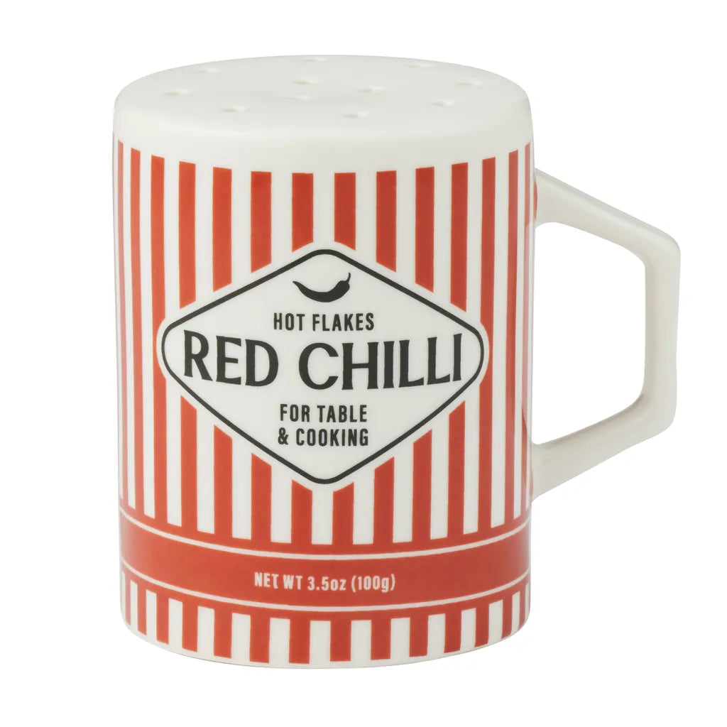 red and white vertical stripes; ceramic material; cylindrical shape with flat top; handle on the side; black text and chilli graphic on white label area;