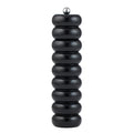 Black colour; Wooden material; Tall, cylindrical shape; Segmented ribbed design; Silver knob on top;