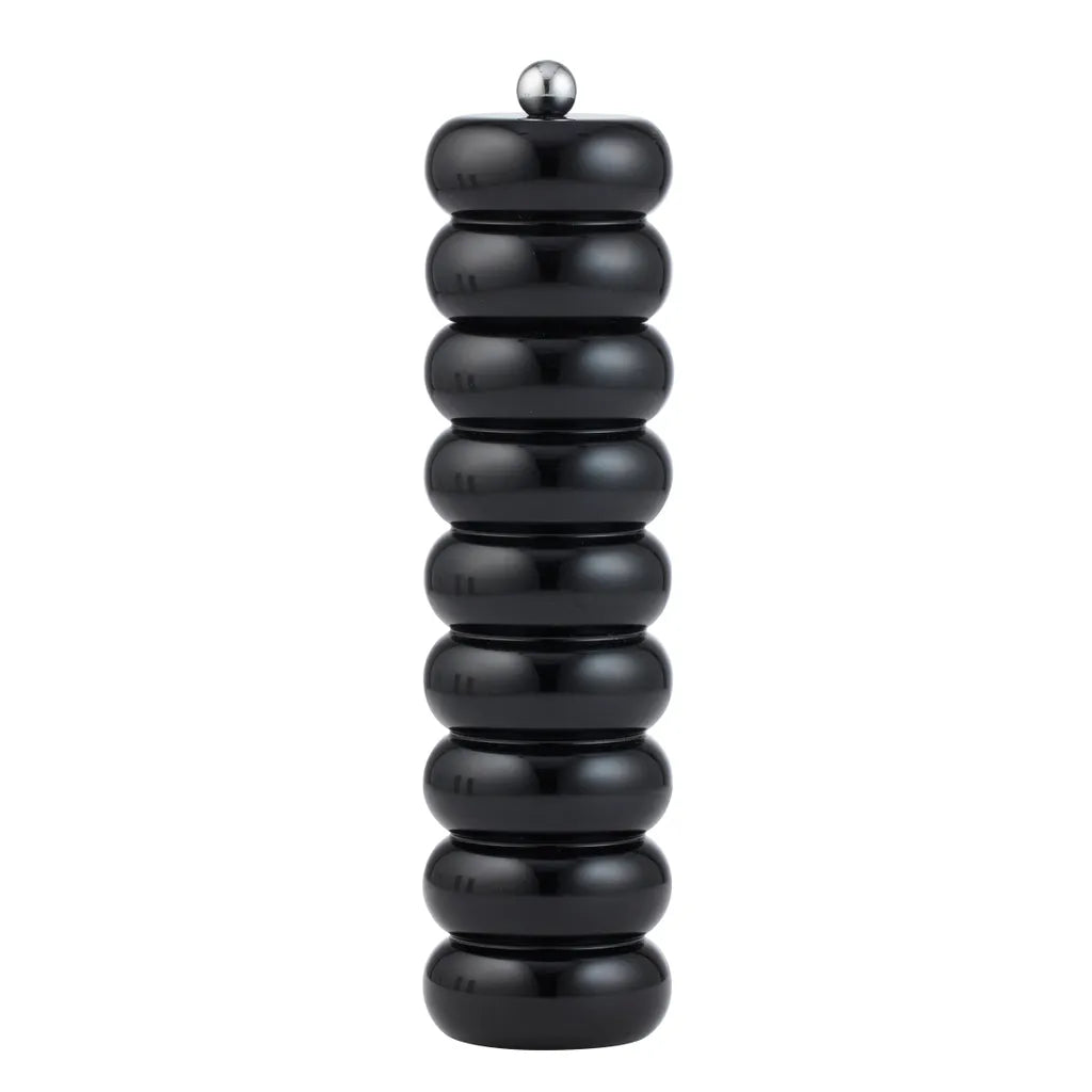 Black colour; Wooden material; Tall, cylindrical shape; Segmented ribbed design; Silver knob on top;