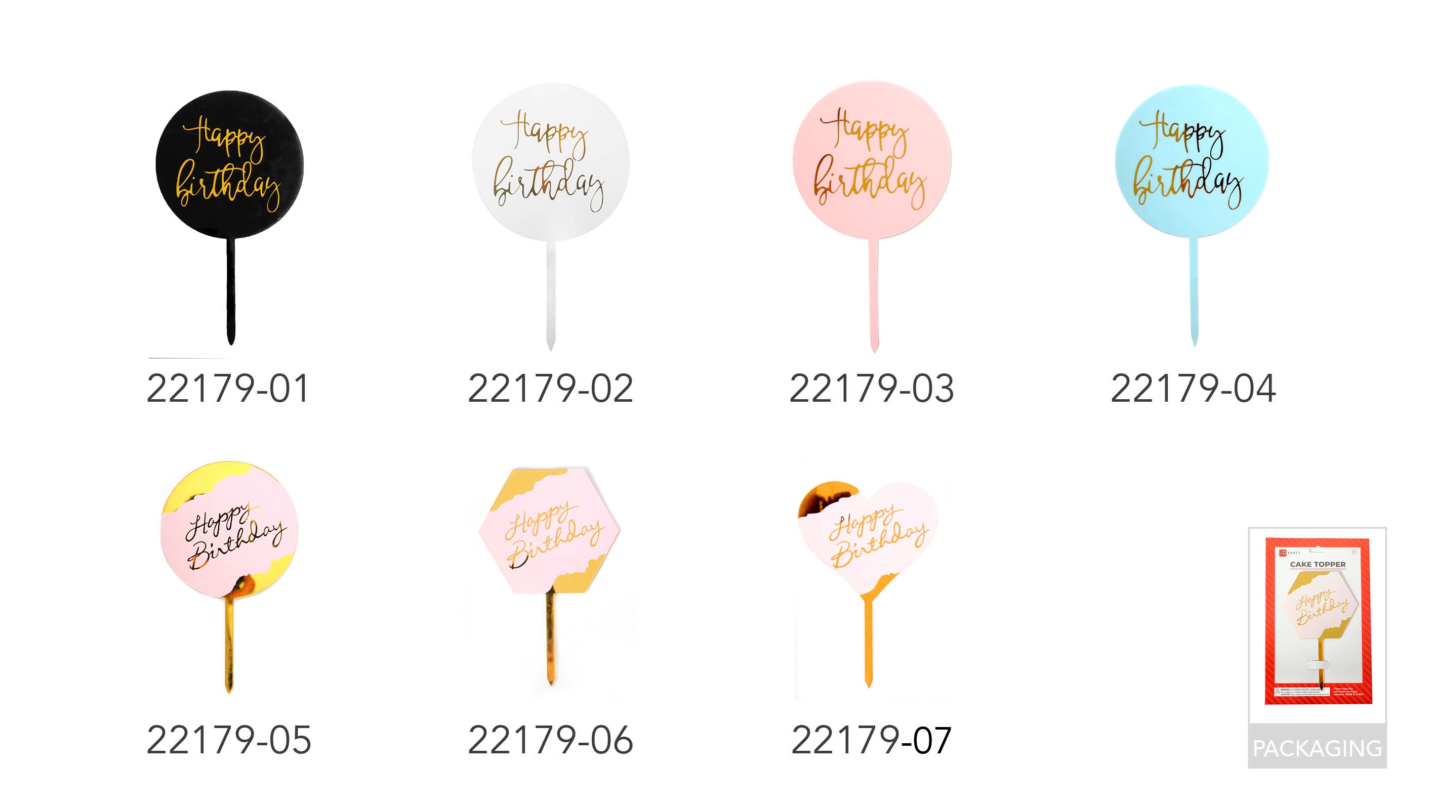 black round cake topper; gold coloured script text; perpex material; single pick stake;